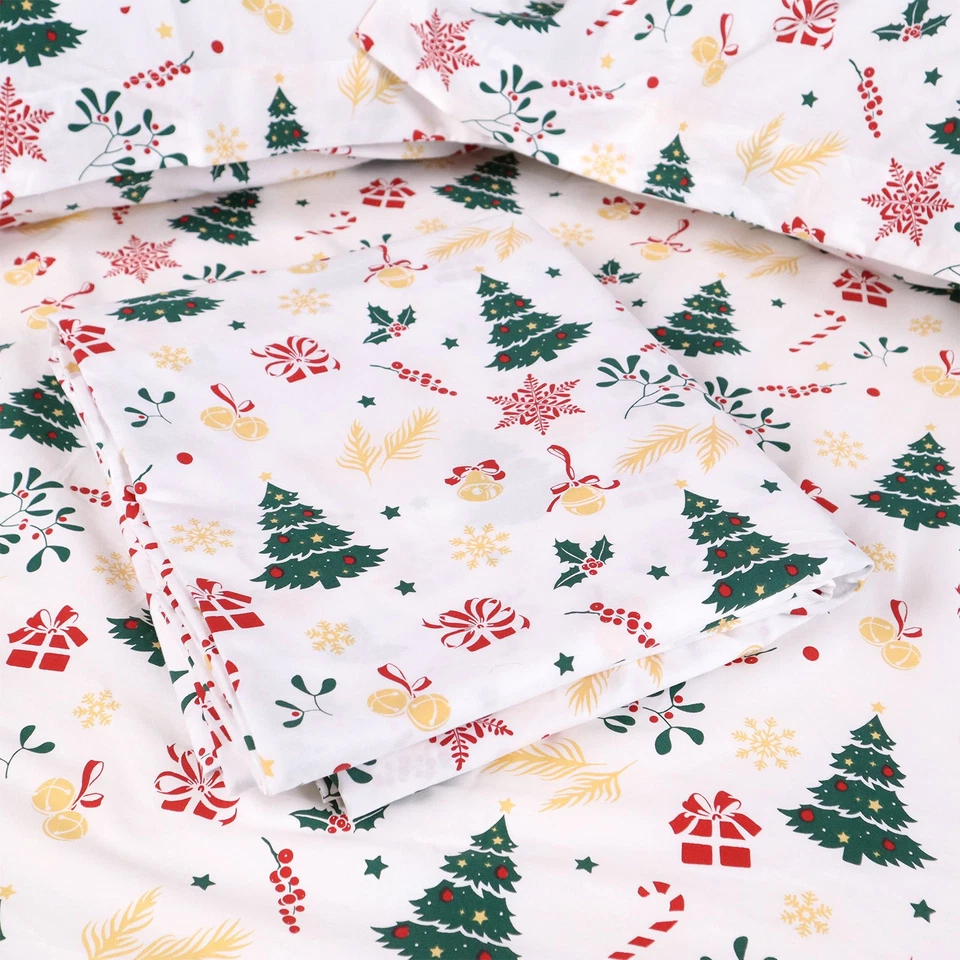Juego de sábanas navideñas KINGREST 100 % algodón estampado bolsillo profundo ajuste 16" transpirable Foto 3 de 4