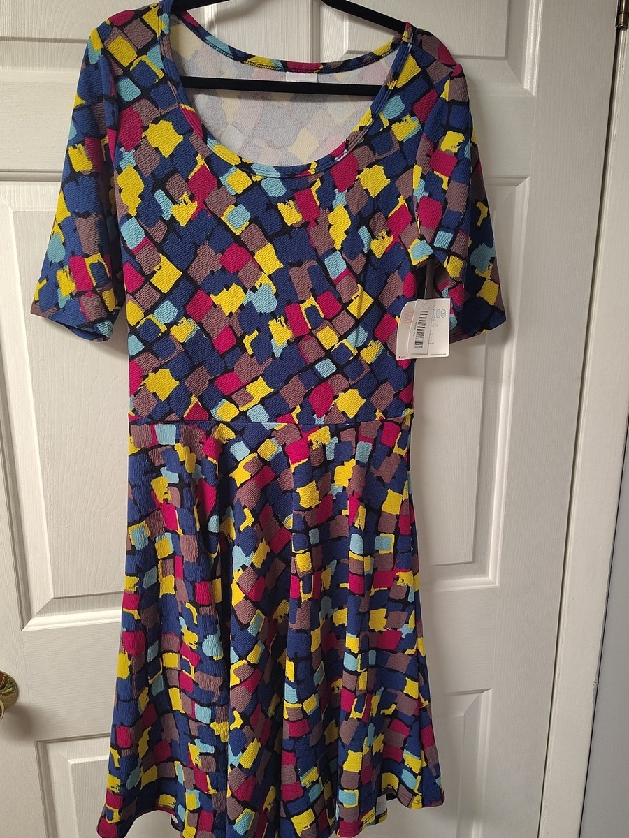 NWT Lularoe NICOLE - Multicolor Geometric Patchwork fit & flare stretch  dress XL