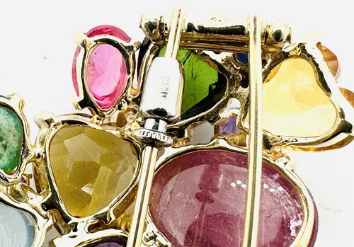 Tutti Frutti Gem Set 14k Gold Multi Color Brooch Pin 60 mm x 40 mm - Picture 16 of 22