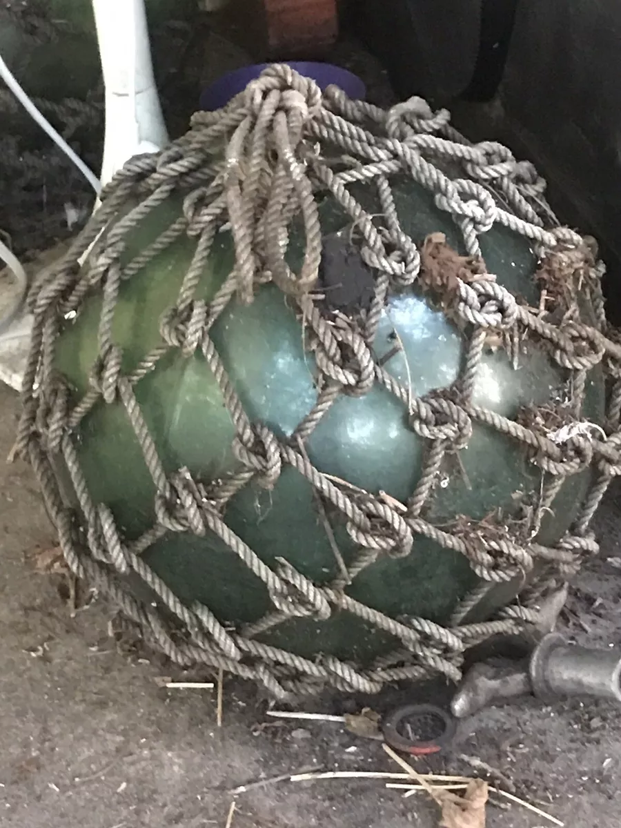 Antique Glass Fishing Float Buoy Ball Large 12+ Blue / Green Net RARE  Condition