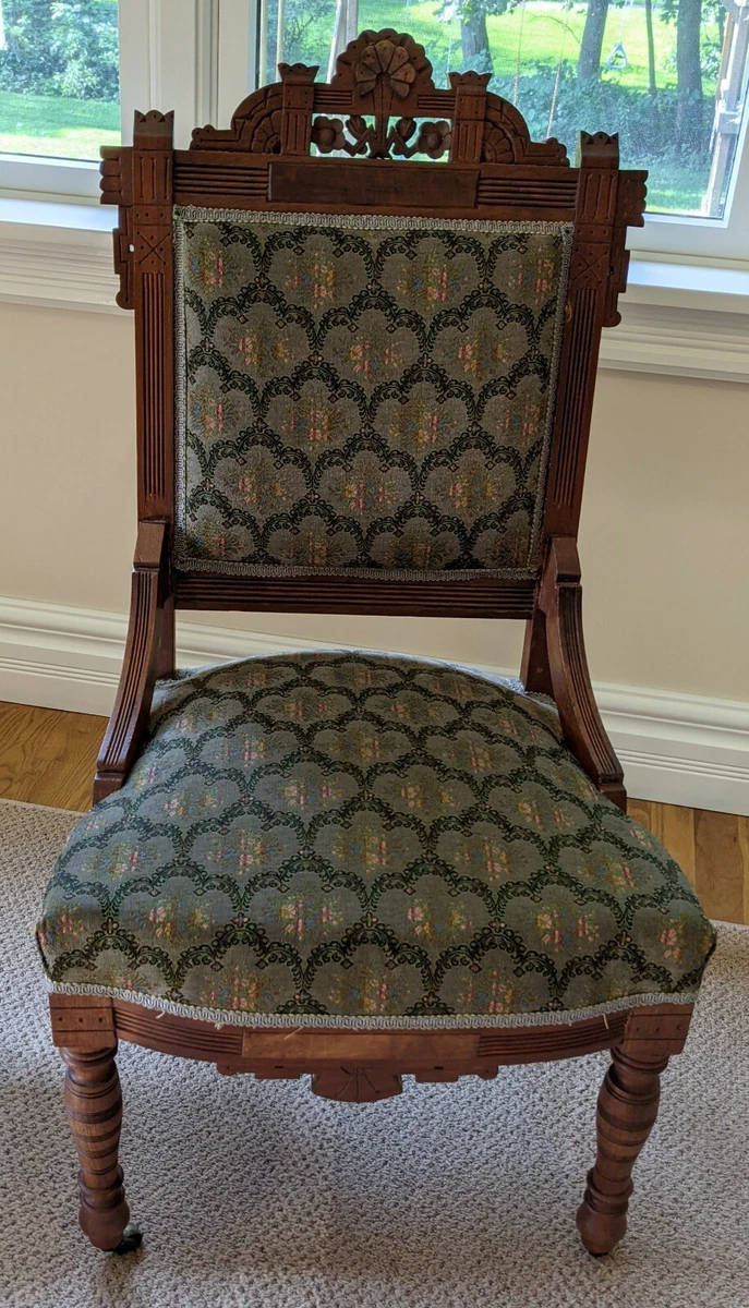 Antique Victorian Eastlake Style Carved Walnut Upholstered Parlor Accent Chair