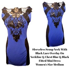 Unbranded Sleeveless Scoop Neck W Lace Overlay Blue/Black Mini Dress Women M