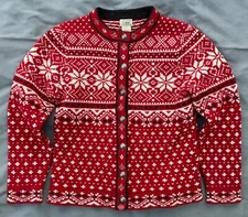 LL Bean Norwegian Snowflake Lambswool Cardigan Sweater Red/White+ Womens S EXC