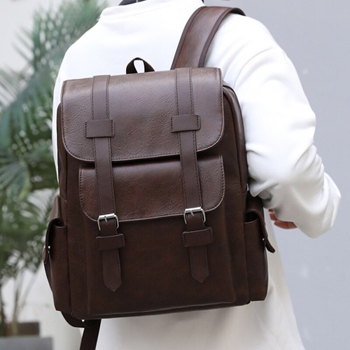 New Men Backpack Leather School Bag Waterproof Travel Bag Casual Leather Bag - Picture 12 of 23