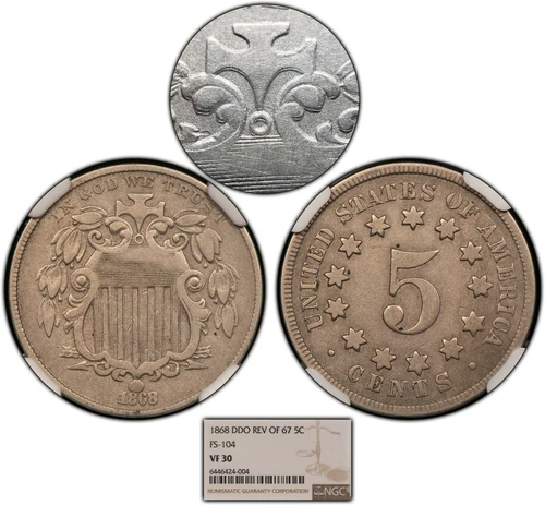 1868 Rev 67 5c Shield Nickel - DDO - FS-104 Doubled Die Obv - NGC VF 30 - B2246