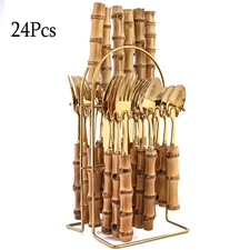 24Pcs Tableware Set Bamboo Handle Stainless Steel Dinnerware Set Tableware Set