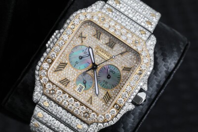 Cartier Santos De Cartier Chronograph Two Tone Custom Diamond Watch W2SA0008
