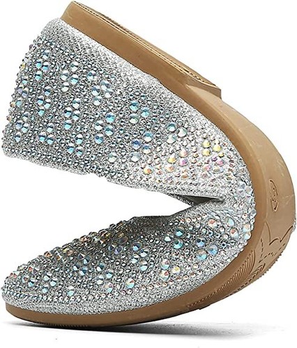 Women's Rhinestone Round Toe Ballet Flats Dress Ballerina Loafer Shoes - Picture 6 of 6