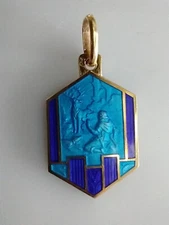 Vintage Catholic Blue Enamel St Hubert Art Deco Religious Medal Gold Tone