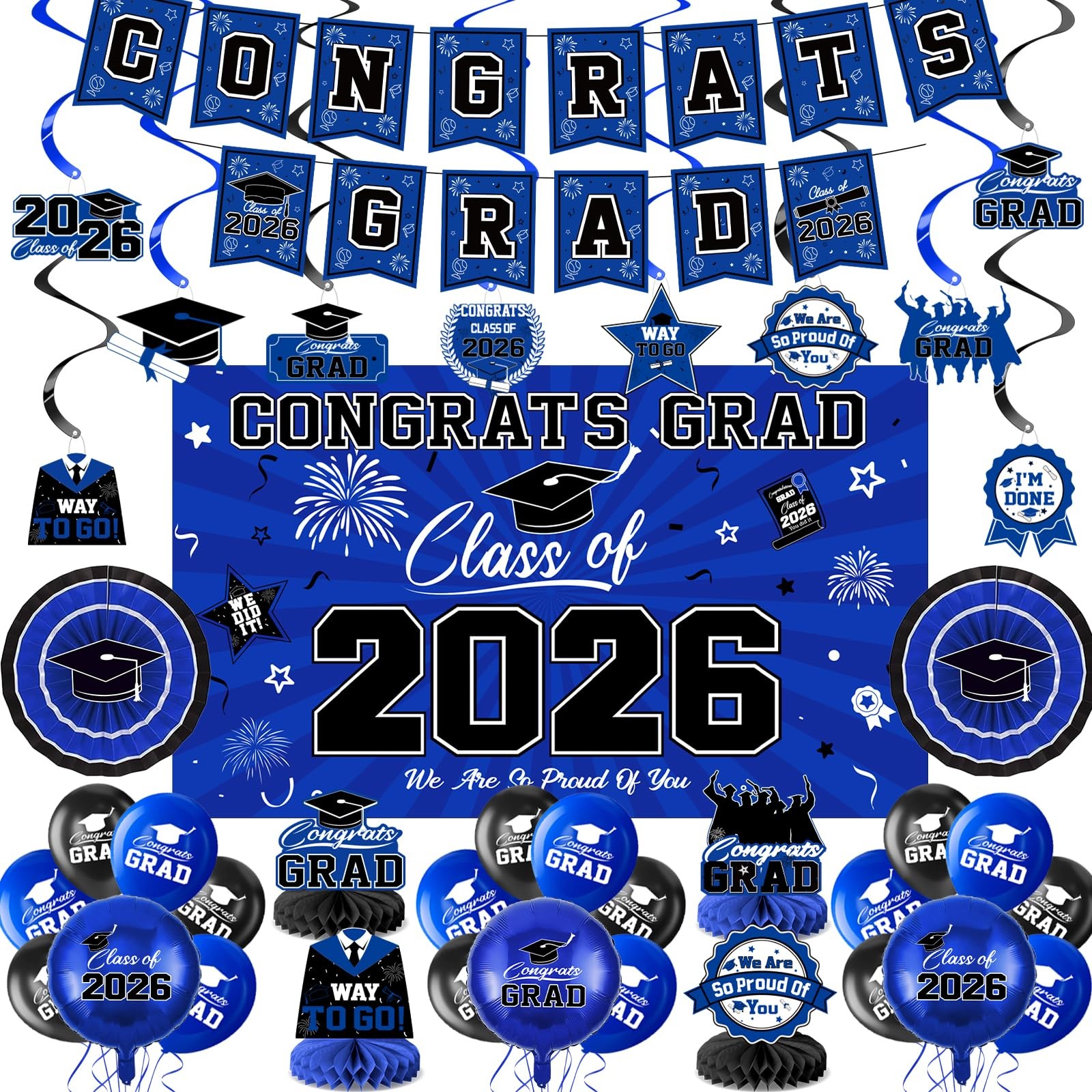 Class of 2026 Graduation Party Decorations - Blue and Black Theme Set