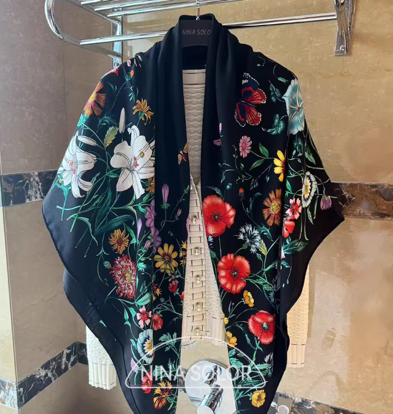 70% Cashmere 30% Silk Black Floral Double-Sided Square Wrap Shawl 51 Inch