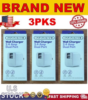 Infinitive Wall Charger 2.4 Amp Dual Port White USB A Cable 110-220V 50-60 Input