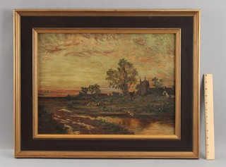 19thC Antique European Village Church Tower Sunset Tonalist Landscape Painting