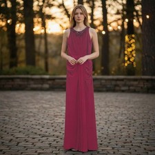 Adrianna Papell Gown Womens Berry Beaded Jewel Neck Draped Formal Dress 16