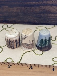 Thimbles Lot Of 3 Deer Antler Forest Hand Painted
