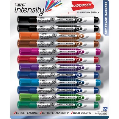 BIC Intensity Advanced Colorful Dry Erase Markers, Bullet Tip, 12-Count Pack of