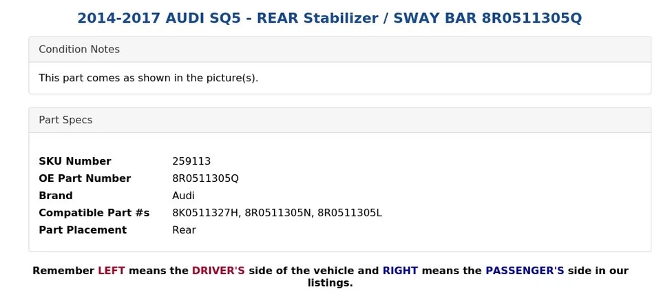 AUDI SQ5 2014-2017 - Estabilizador trasero / Barra estabilizadora 8R0511305Q Foto 4 de 4