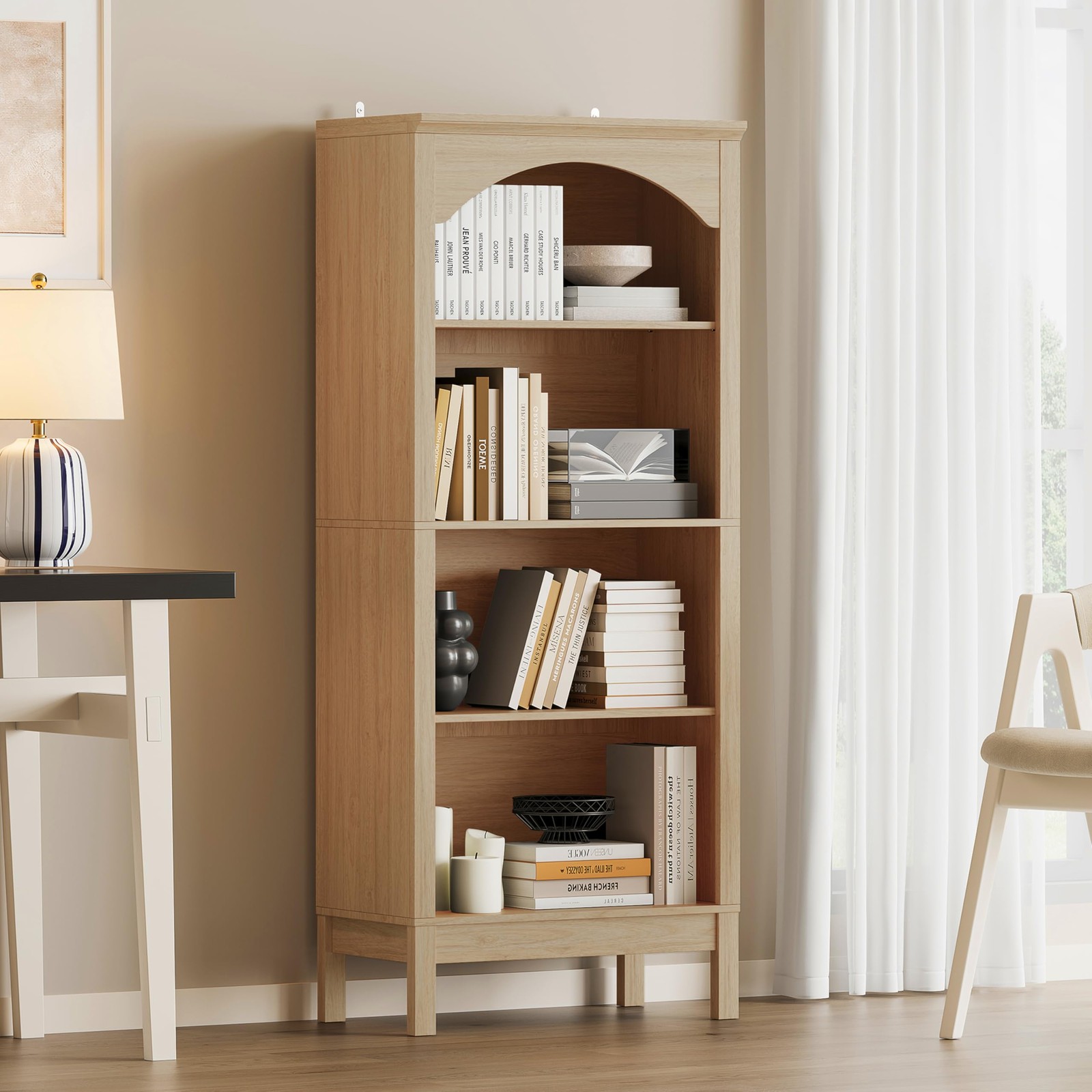 Arched 4-Tier Bookcase 56" Tall Wood Adjustable Shelves 24" Wide Natural Oak