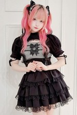 MARS Gingham Check Ribbon Teleco Top Women s Short Sleeve Chest Opening Japan