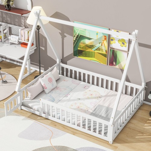 House Bed Tent Bed Frame Full Size Wood Floor Play Bed with Guardrails for Kids - Picture 4 of 27