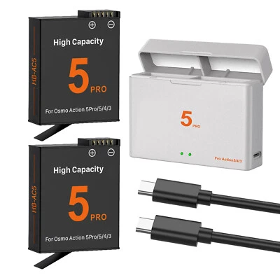TQTHL 2x2800mAh Battery+USB-C Dual-Slot Battery Charger for OSMO Action 5 Pro Cameras