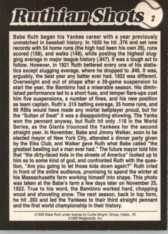 1993 Megacards Inc. Ruthian Shots # 2 Babe Ruth - New York Yankees | eBay