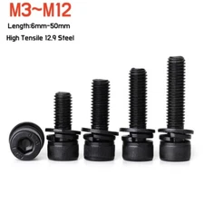 Black Socket Cap Head Allen Bolts With Flat/Spring Washer High Tensile 12.9