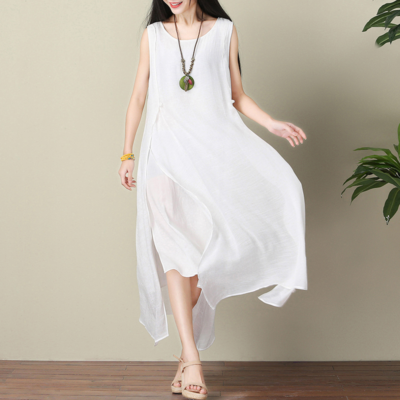 knee length dresses for ladies Girls Linen Look Smocked Back Tank Dresses main image 1