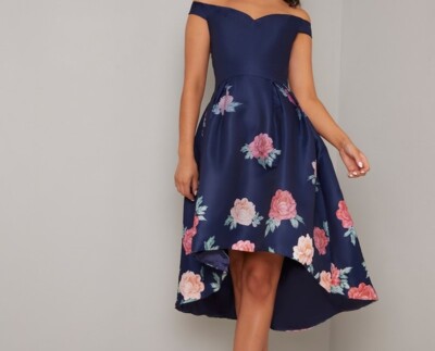 Chi Chi London Curve Dip Hem Bardot Occasion Dress 14 Navy/Multi