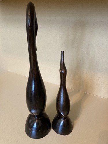 Mid-Century Modern Mother & Baby Carved Wood Swan Heron Crane Dark Stain - 第 2/10 張圖片