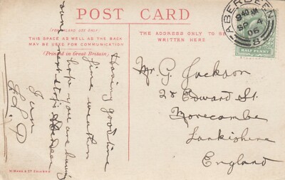 Postkarte Genealogie Herr G Jackson Edward Street Morecambe PU 1906 Meine Ref PO64
