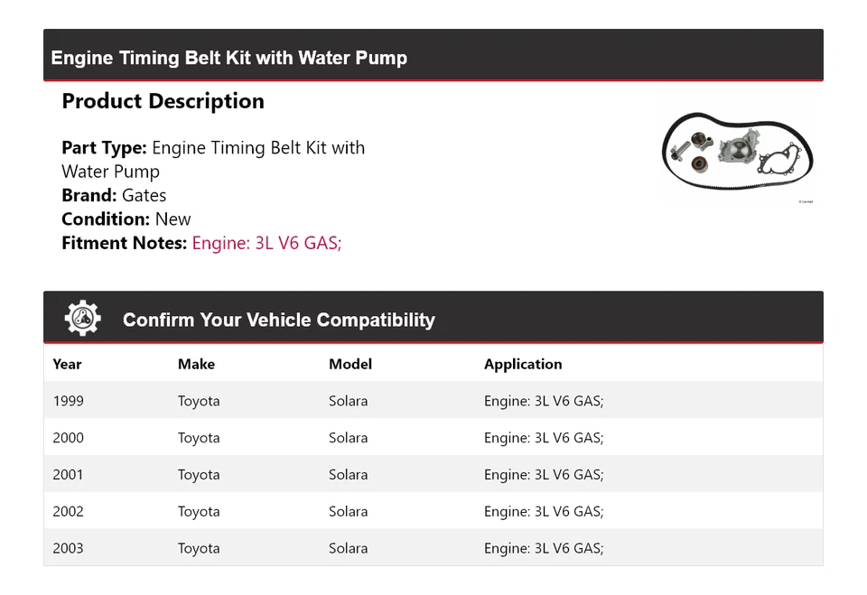 Kit de correa de distribución de motor Toyota Solara 1999-2003 con puertas de bomba de agua 2000 Foto 2 de 4