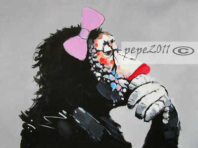 art print, monkey chimp girl poster pink ribbon, grey street graffiti thinker