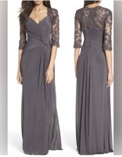 NWT La Femme Rhinestone Sleeve Twist Front Gown Women 23244 Gunmetal Gray 8