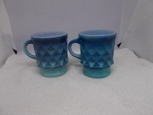 Pair Of Anchor Hocking Fire King Blue Ombre Mugs Kimberly Diamond Pattern #2