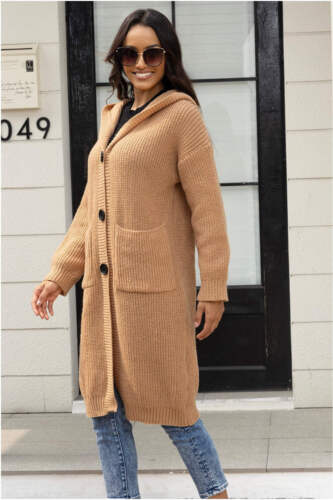 Women Button Up Long Sleeve Hooded Cardigan with Pockets - Picture 10 of 12