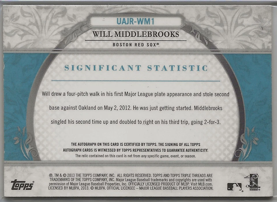 Parche autografiado Topps Triple Threads 2013 reliquia UAJR-WM1 Will Middlebrooks/10 Foto 2 de 2