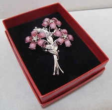 Vtg CINDY ADAMS Pink Givre Art Glass FLOWERS Silver Tone 3” Brooch NIB