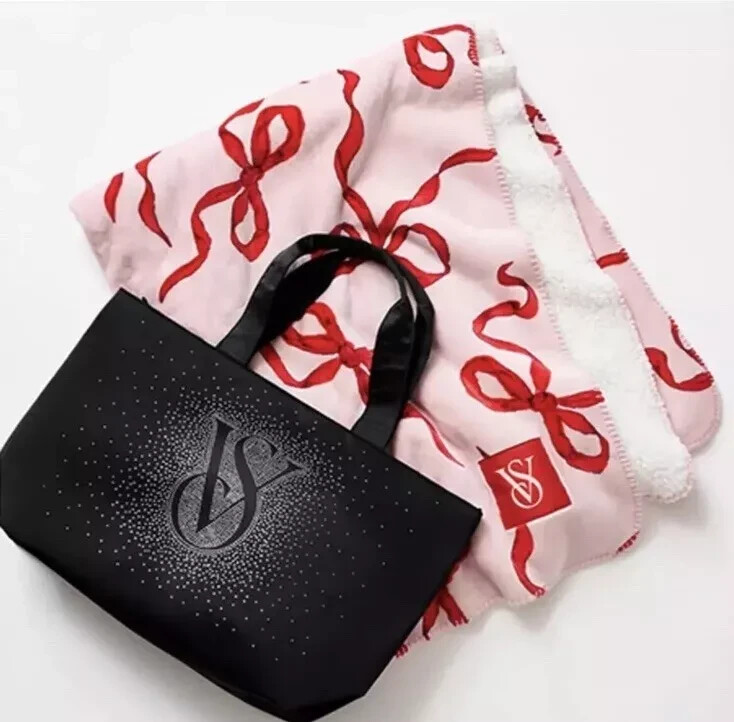 Victoria Secret Shine Tote & Cozy Fleece Sherpa Blanket BLACK