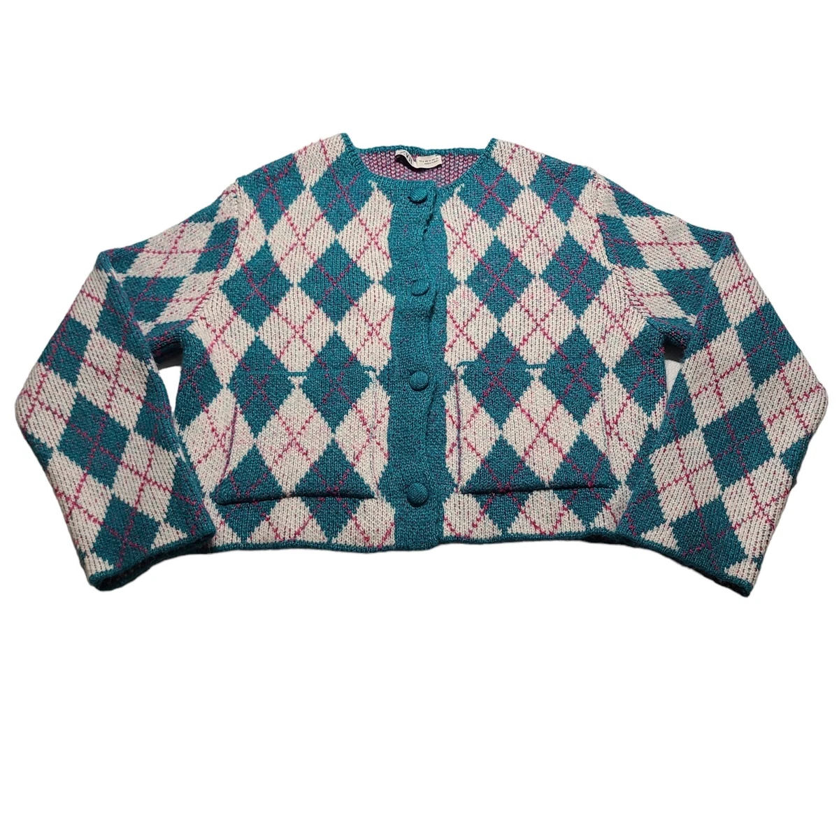 Zara Womens Medium Argyle Knit Jacquard Cardigan Sweater Button With Pockets