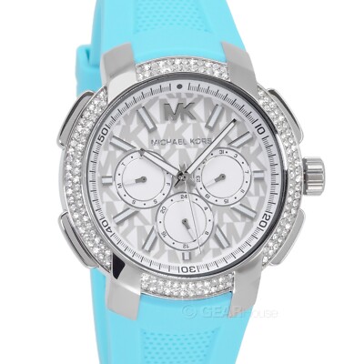 Michael Kors Womens Sidney Glitz Crystals Watch, White Dial, Aqua Blue Silicone