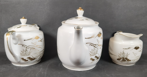 Servicio de té japonés Kutani 21 piezas ~ blanco con diseño dorado ~ geisha litofana - Imagen 6 de 24
