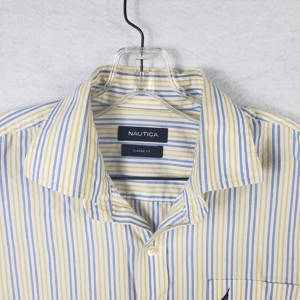 Nautica платье рубашка мужская L большой 16,5 синий желтый в полоску повседневный длинным рукавом - Изображение 4 из 4