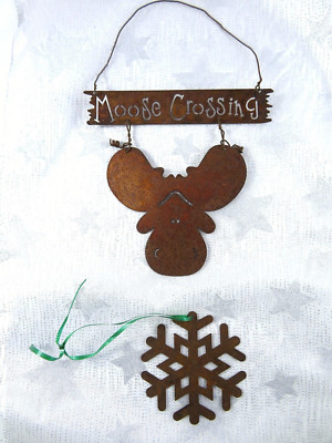 Pair Metal Christmas Ornaments Moose Crossing Snowflake Intentionally Rusted