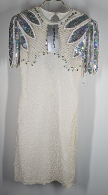 Vintage Scala Petite Women's Silk Ivory & Silver Sequin Beaded Dress Size PP