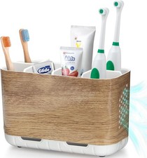 Toothbrush and Toothpaste Holder Wood Grain for Bathroom Countertop with