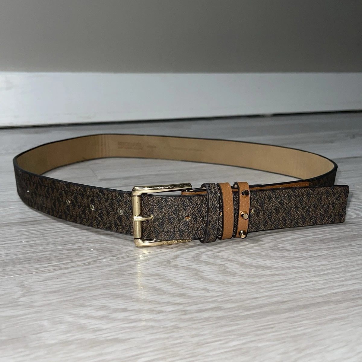 MICHAEL Michael Kors Cognac Wide Leather Belt Round Silver Buckle Sz Large Michael Michael Kors Brown Tan Suede Studded Patchwork Wide  main image 3