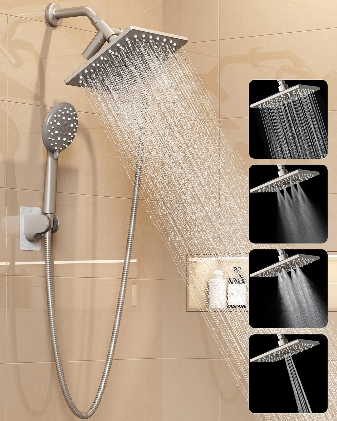 High Pressure Rain Shower Head with Multi-Functions, Square Rainfall Shower H...