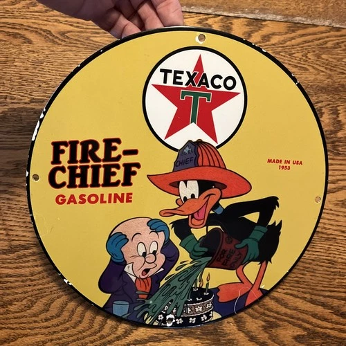 Vintage Texaco Sign - Fire Chief Looney Tunes Comic Gas Pump Porcelain Sign