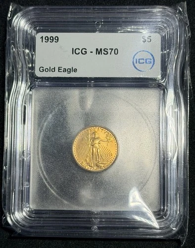 1999 $5 Dollar American GOLD Eagle ICG MS-70, 1/10oz No Reserve #611